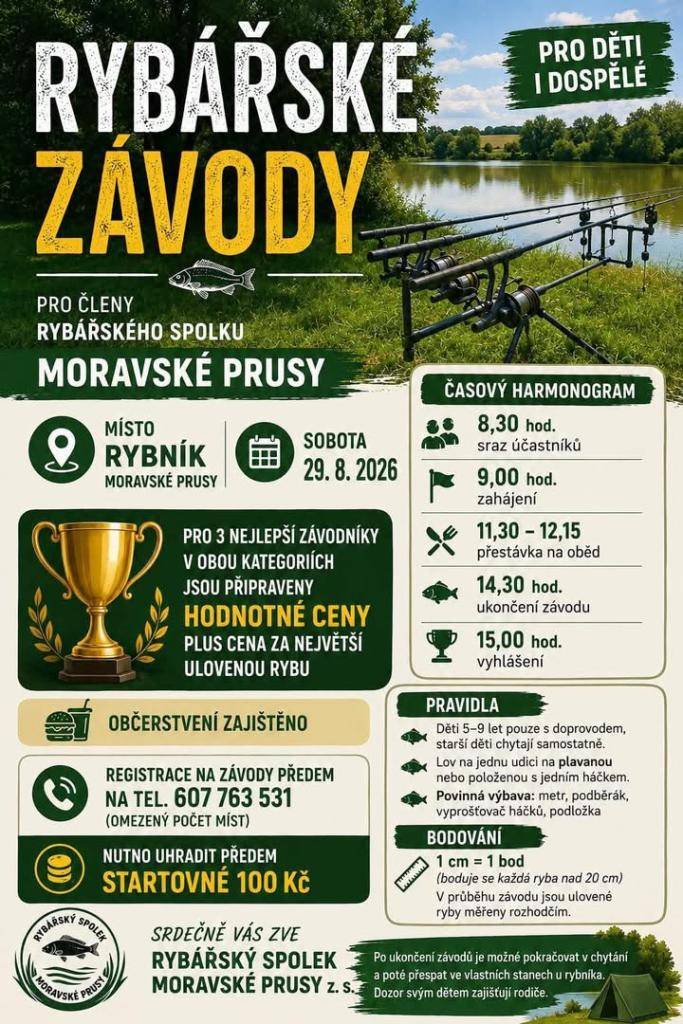 Rybářský spolek Moravské Prusy informuje, že zbývá 10 volných míst. Registrovat se mohou také dospělí i děti, kteří nejsou členy Rybářského spolku.
