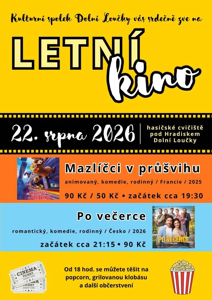 Kulturní spolek Dolní Loučky zve všechny děti i dospělé na letní kino, které se uskuteční v sobotu 22. srpna na hasičském cvičišti pod Hradiskem. Děti se můžou těšit na promítání animované komedie Mazlíčci v průšvihu a dospělí na český film Po večerce.