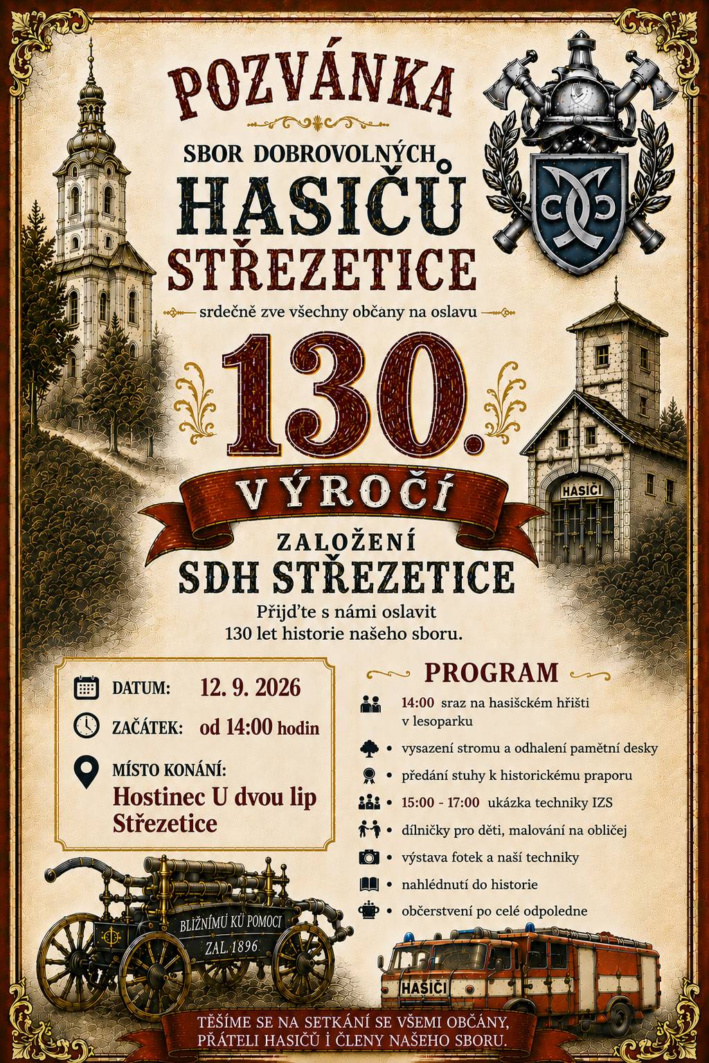 Sbor dobrovolných hasičů Střezetice zve všechny občany na oslavu založení SDH Střezetice, která se uskuteční 12. září 2026.