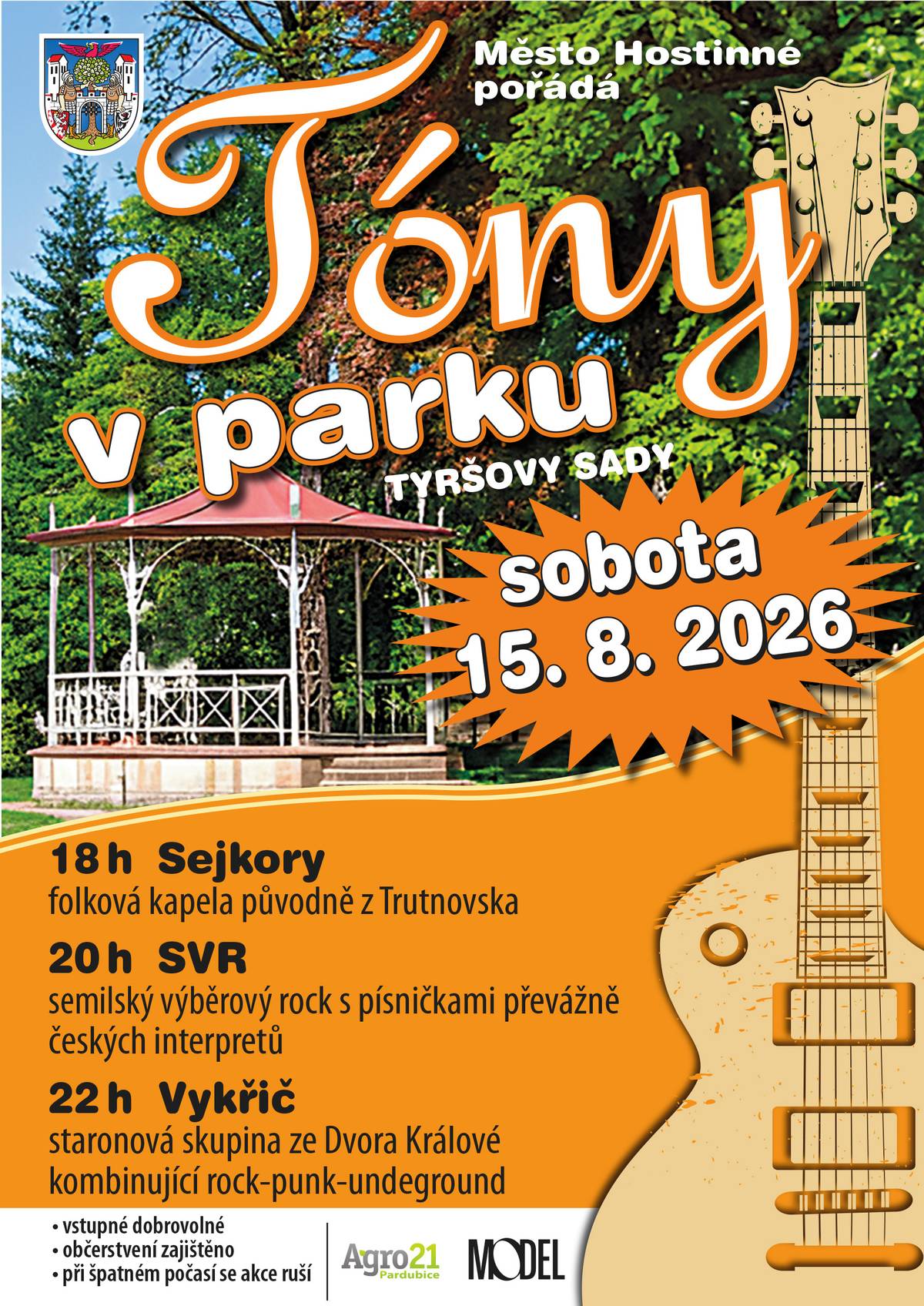 Zveme vás na další Tóny v parku🎶.  Přijďte si užít pohodový večer plný hudby a letní atmosféry. Park opět ožije tóny, které k létu prostě patří. 📅 sobota 15. srpna 2026 📍park Tyršovy sady ⏰ od 18:00 hod. 💰 vstupné dobrovolné Občerstvení zajištěno. Těšíme se na vás.