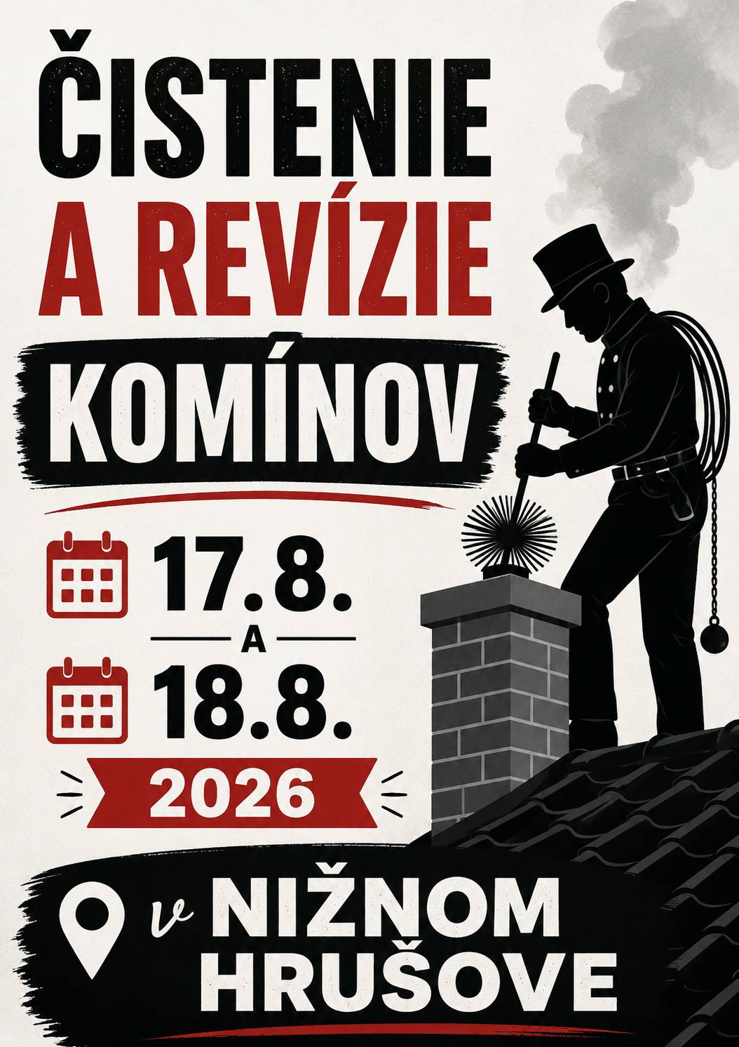 V prípade, že máte záujem o čistenie a revíziu komínov je potrebné vyplniť elektronický objednávkový formulár cez odkaz nižšie v komunikácii. Cena za 1 komín je 40,-€.  Čistenie/revízie komínov bude realizovať firma z Hencoviec a realizácia čistenia bude prebiehať v pondelok 17.08.2026, utorok 18.08.2026 a v prípade veľkého záujmu aj v stredu 19.08.2026 v čase od 8:00 hod do cca. 16:00 hod.  Objednávku čistenia/revízie je možné zrealizovať elektronicky do 16.08.2026 do 22:00 hod. V prípade nedostupnosti elektronického objednávkového formulára zrealizujte objednávku telefonicky na čísle 057 44 93 200 - klapka 3 počas úradných hodín od 11.8. do 14.08.2026.  Objednávkový formulár je určený iba pre domácnosti z obce Nižný Hrušov.    Objednávka čistenia a revizie komínov: https://forms.gle/2atY5gHxNE8AAJdy7