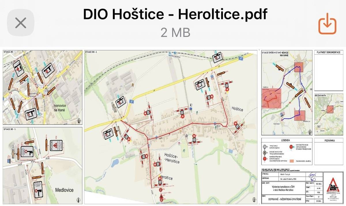 Vážení občané, dovolujeme si vás informovat o nadcházejícím prodloužení úplné uzavírky a přechodné úpravy provozu v sousedních Hošticích–Herolticích, která ovlivní i dopravu v okolí naší obce. Základní informace o omezení:   Termín realizace: 1. 9. 2026 – 30. 10. 2026   Důvod: Stavba „Výstavba kanalizace a ČOV v obcích Hoštice – Heroltice“ spojená s celoplošnou opravou povrchu komunikace (rozšíření rekonstrukce o druhý jízdní pruh zadané KSÚS).   Rozsah uzavírky: Úplná uzavírka silnic III/4285 a III/4286 v dotčeném úseku (MIMO BUS, dopravní obsluhu a vozila stavby).   Objízdná trasa: Obousměrná objízdná trasa o délce 11 km vede po silnicích I/47 – II/428 – III/4284 – III/4285.