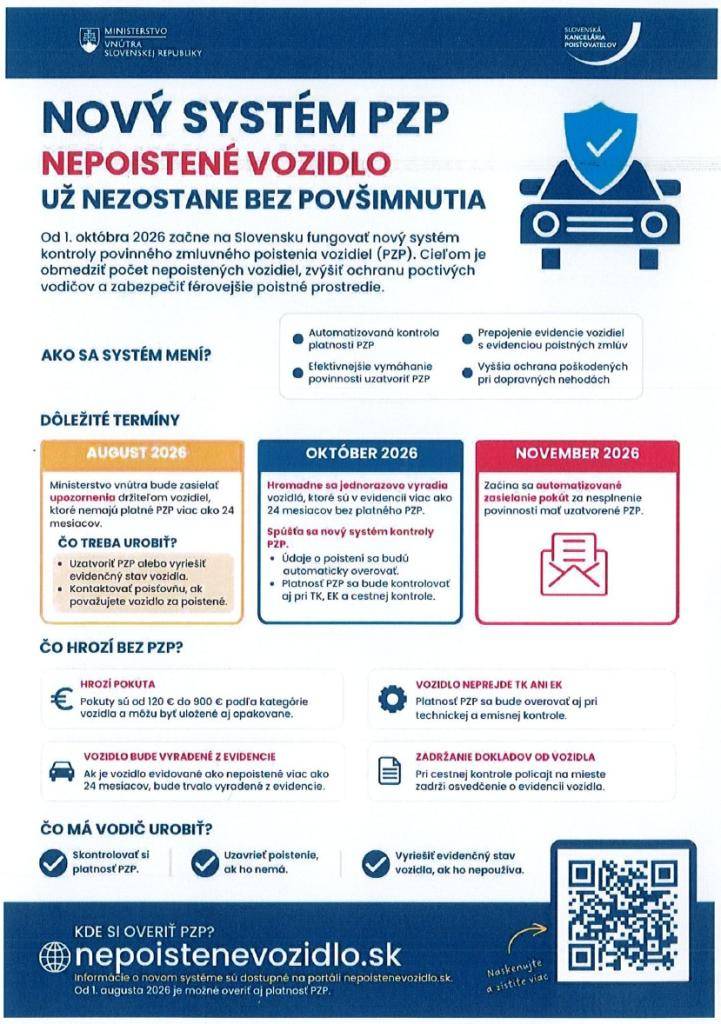 Dávame do pozornosti - od 1. októbra 2026 začne na Slovensku fungovať nový systém kontroly povinného zmluvného poistenia (PZP). Ak vaše vozidlo nemá platné PZP, hrozia pokuty, problémy pri technickej kontrole či vyradenie vozidla z evidencie. Overte si preto platnosť svojho poistenia