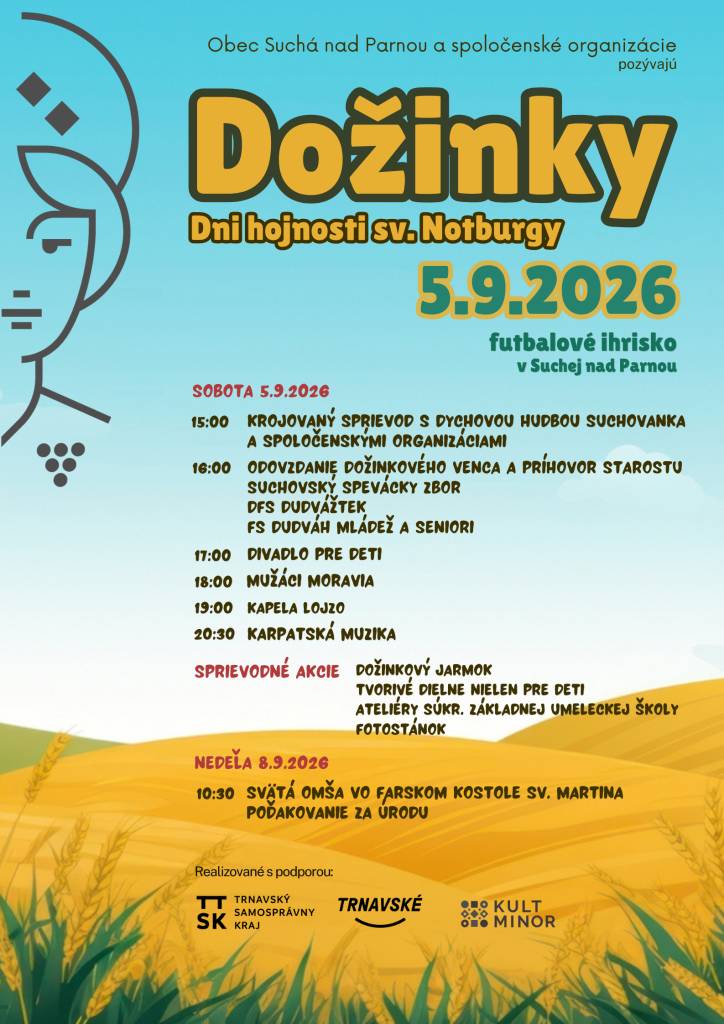 Pozývame Vás v sobotu 5. septembra 2026 o 15:00 hod. na dožinkové slávnosti, ktoré sa budú v tomto roku kontať na futbalovom ihrisku.