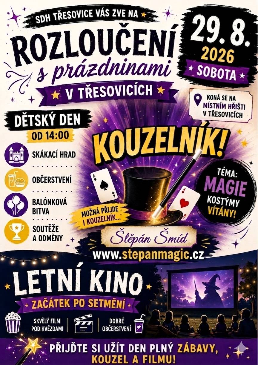 SDH Třesovice a Obec Třesovice zve na tradiční Dětský den, alias "Rozloučení s prázdninami", který se koná v sobotu 29. srpna 2026 od 14:00 hodin na hřišti v Třesovicích.  Zábava pro děti je zaručena. Bude připraveno mnoho soutěží a odměn pro děti, balónková bitva, skákací hrad a samozřejmě i bohaté občerstvení. Odpoledne vystoupí KOUZELNÍK.  Večer, po setmění, se bude promítat LETNÍ KINO.  Přijďte si užít den plný zábavy, kouzel a báječného filmu. Přijďte pobejt, posedět a dát si něco dobrého k jídlu a pití.