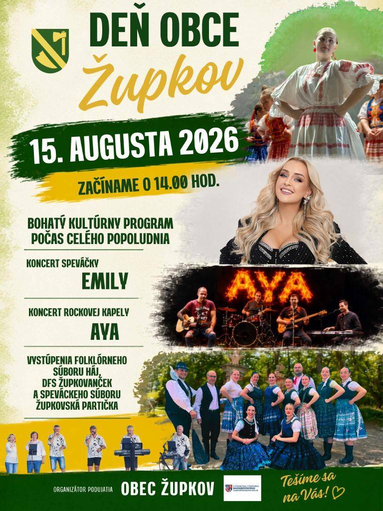 Obec Župkov Vás pozýva na kultúrne podujatie „Deň obce Župkov“, ktoré sa uskutoční v sobotu 15. augusta 2026 od 14:00 hod. na športovom areáli pri ZŠ s MŠ M. Bielika Župkov.