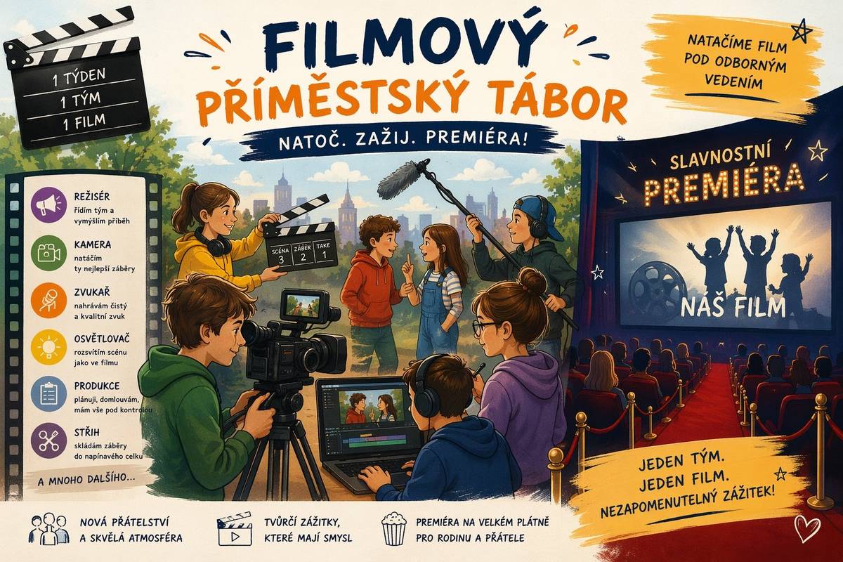 Termín: 10. – 14. srpna 2026   Jak vzniká film? To si děti vyzkouší na vlastní kůži! Na našem Filmovém příměstském táboře se z diváků stanou tvůrci. Děti si vyzkouší, jaké profese jsou potřeba k natočení filmu – od herců a režiséra přes kameramany, zvukaře, maskéry až po další důležité členy filmového štábu. Společně natočí vlastní film, který na závěr slavnostně uvedou na opravdové premiéře. 🎥🍿 Týden plný tvoření, spolupráce, zábavy a filmových zážitků, na který budou ještě dlouho vzpomínat.    Věk: 9 – 12 let Lektoři: Jan a Vendula Bradáčovi Místo: KS Domeček & Divadlo Horní Počernice Cena: 3 000 Kč (včetně obědů)     PŘIHLÁŠKY JSOU NA https://divadlopocernice.cz/primestske