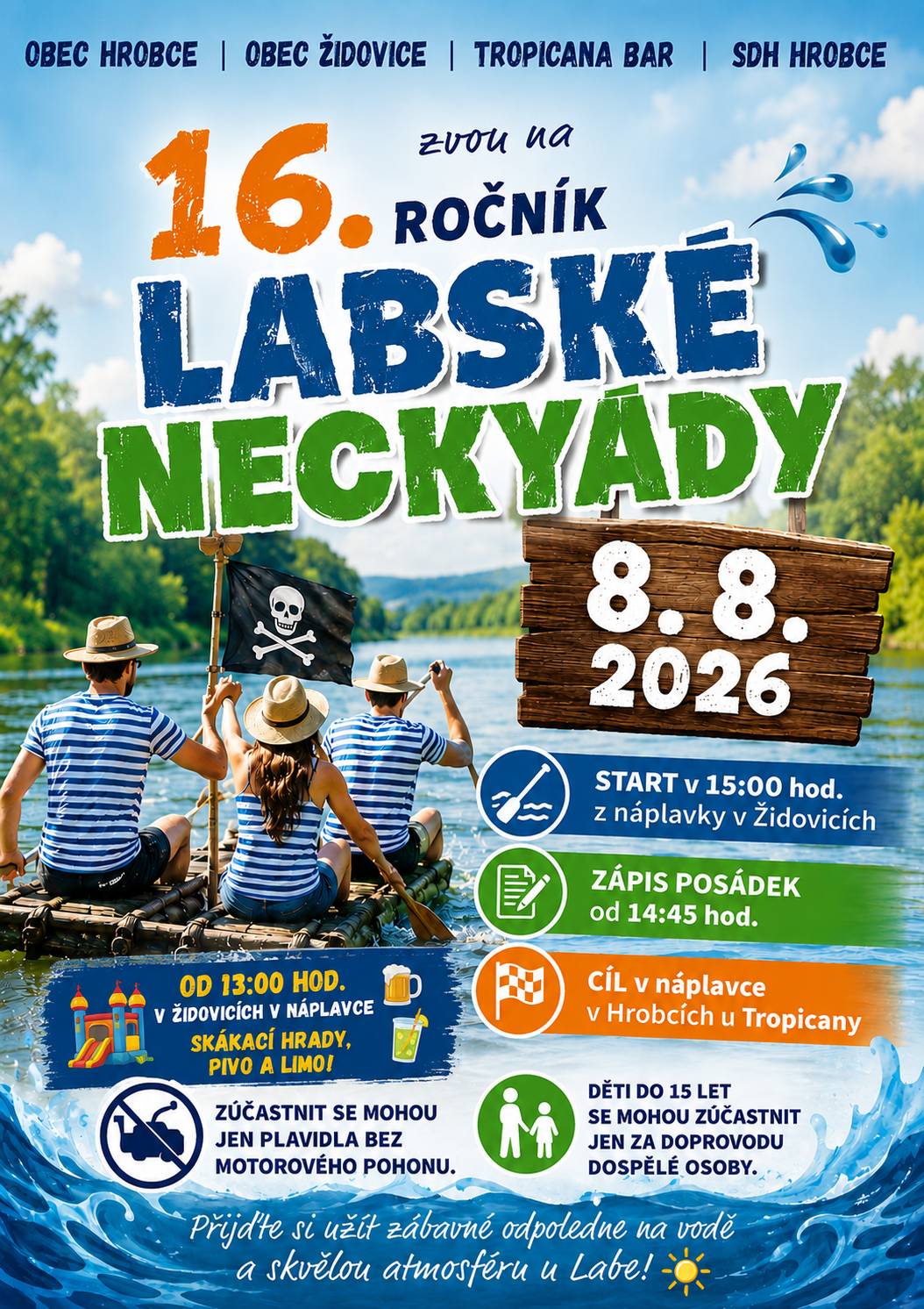 🎉 Už v sobotu 8. srpna se uskuteční další ročník Labské neckyády. Start plavidel je v 15.00 hodin z náplavky v Rohatcích, cíl bude tradičně u Tropicany v Hrobcích. Už od 13.00 hodin bude v Židovicích na náplavce připraveno občerstvení a velký skákací hrad pro děti.   🏐 O týden později, v sobotu 15. srpna, se na multifunkčním hřišti v Hrobcích uskuteční již 6. ročník Nohejbalového turnaje. Přijďte povzbudit soutěžící nebo si užít sportovní atmosféru.   🧚 Pozor na změnu termínu! Pohádková cesta k ukončení prázdnin se bude nově konat v neděli 23. srpna. Na malé i velké účastníky budou na trase čekat pohádkové postavy se záludnými ukoly. Pokud bude hezké počasí, můžete se těšit i na pěnu od našich hasičů. Start i cíl bude u Tropicany v Hrobcích.   🎞️ Letní kino v Rohatcích 28. srpna - film je prozatím ještě v jednání.   🍲 A na závěr léta Vás zveme na tradiční Rohatecké kotlíkování, které proběhne v sobotu 5. září v Rohatcích. Chcete se zapojit do soutěže o nejlepší guláš? Přihlásit se můžete už nyní u P. Peřinové na tel. 603.850.825 nebo e-mailem starosta@hrobce.cz.   Těšíme se na Vás! Přijďte si užít léto, setkat se s přáteli a společně si užít příjemné chvíle na akcích naší obce. 😊