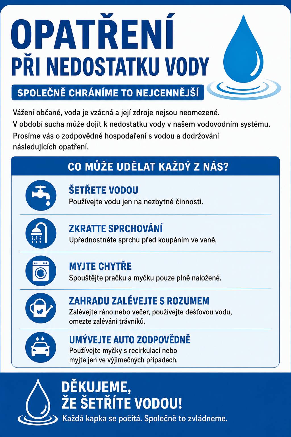 UPOZORNĚNÍ – OPATŘENÍ OBECNÉ POVAHY V souvislosti s nedostatkem vody bylo vydáno opatření obecné povahy, kterým se stanovuje zákaz odběru povrchových vod z vodních toků na území ORP Slaný. 🚫 Zákaz se týká zejména: • mytí automobilů, • zalévání hřišť a trávníků, • napouštění nádrží a bazénů. Prosíme všechny občany o respektování tohoto opatření a o šetrné hospodaření s vodou. 💧 Děkujeme za pochopení a ohleduplnost.