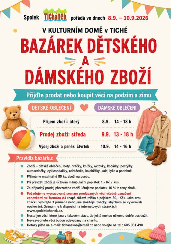 Obec Tichá zve na několik zajímavých akcí, které stojí za návštěvu. Pokud hledáte tip, kam vyrazit za kulturou, zábavou nebo příjemným setkáním, třeba si z jejich nabídky vyberete. Jste srdečně zváni. Zveřejnila: Kristýna Amálie Heczková