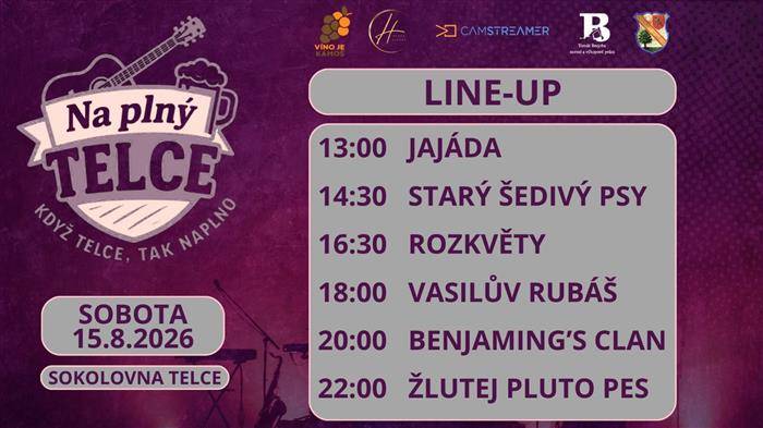 Vážení občané, milovníci hudby a letní zábavy, dovolujeme si vás srdečně pozvat na hudební festival Na plný TELCE, který se uskuteční v sobotu 15.8.2026 u Sokolovny v Telcích.  Těšit se můžete na odpoledne a večer plný živé muziky, skvělé atmosféry a dobrého občerstvení. Vystoupí kapely "Jajáda", "Starý šedivý psi", "Dejto", "Vasilův Rubáš", "Benjaming's Clan" a "Žlutej Plutopes". Festival začíná v 13:00 a vstup je 250Kč pro dospělé. Děti do 15 let mají vstup zdarma.  Přijďte si užít den plný hudby, pohody a letní energie  Těšíme se na vás!  Mockrát děkuji Radek Brejcha