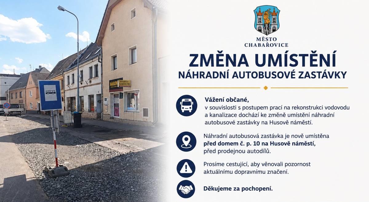 Vážení občané, v souvislosti s postupem prací na rekonstrukci vodovodu a kanalizace dochází ke změně umístění náhradní autobusové zastávky na Husově náměstí. Náhradní autobusová zastávka je nově umístěna před domem č. p. 10 na Husově náměstí, před prodejnou autodílů. Prosíme cestující, aby věnovali pozornost aktuálnímu dopravnímu značení. Děkujeme za pochopení.