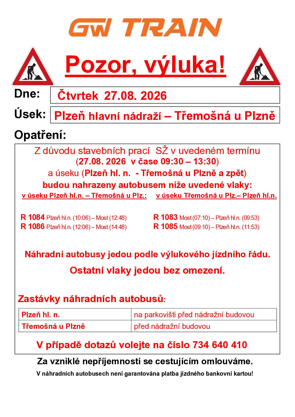 Pozor výluka - výlukový jízdní řád, platí od 27. 8. 2026 (viz příloha)