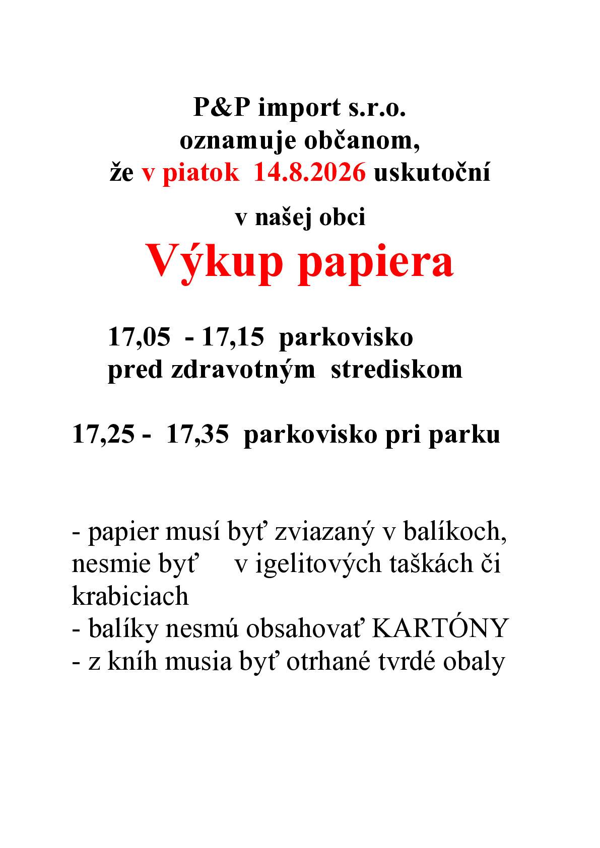 Oznamujeme občanom výkup papiera v piatok 14.8.2026.
