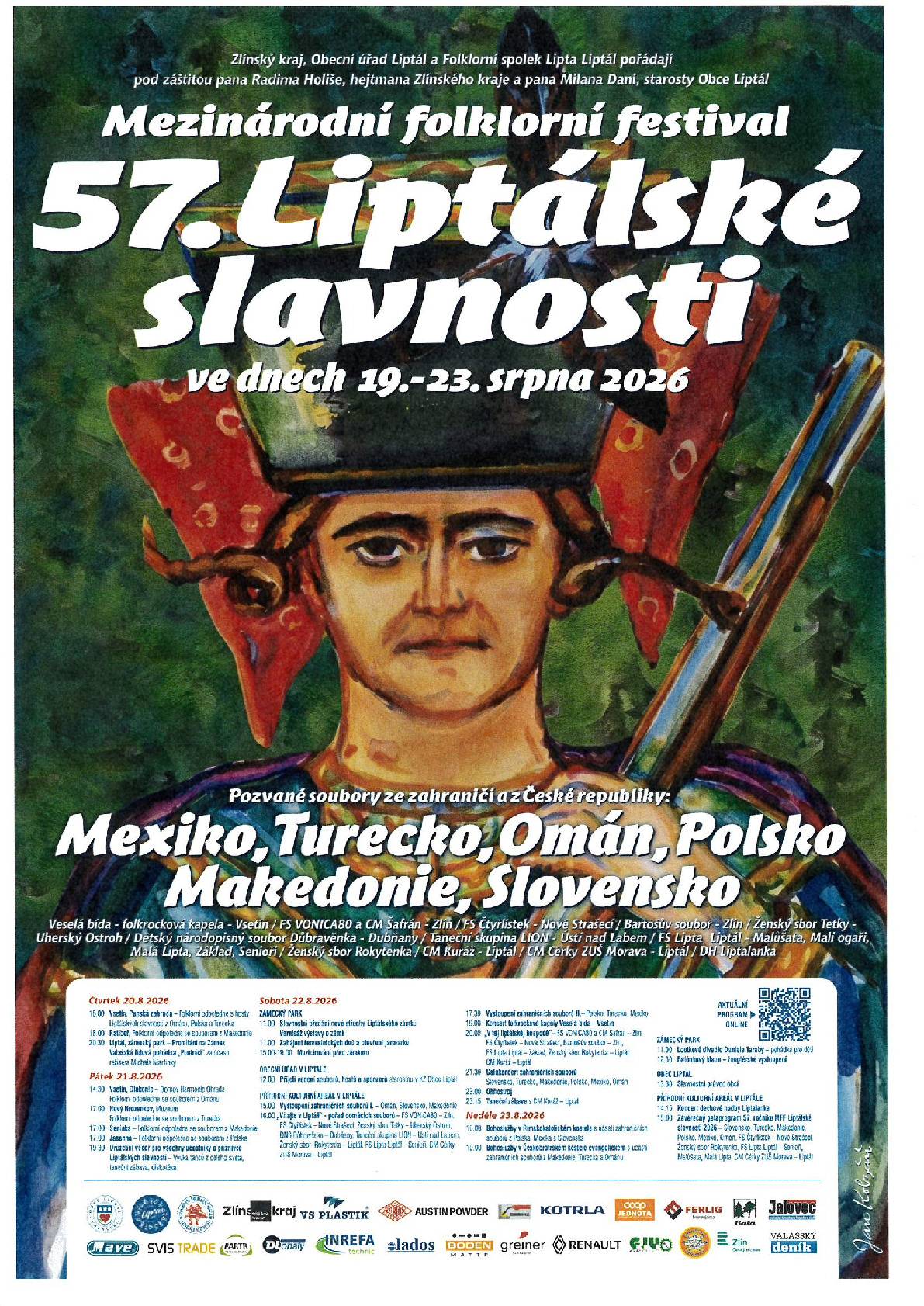 Liptál ožije folklorem: 57. ročník mezinárodního festivalu přivítá soubory z Mexika i Ománu   Folklorní spolek Lipta Liptál a Obec Liptál pořádají již 57. ročník Mezinárodního folklorního festivalu Liptálské slavnosti. Jeden z nejstarších nepřetržitě fungujících festivalů v České republice nabídne divákům bohatou přehlídku domácího i zahraničního lidového umění. Letošní program láká na exotické hosty z Ománu či Mexika, tradiční řemeslný jarmark i doprovodné kulturní akce v okolních obcích.   Liptálské slavnosti si za dobu své existence vybudovaly silné mezinárodní renomé, což potvrzuje i jejich členství ve světové organizaci pro lidové umění IOV. Během uplynulých ročníků festivalem prošly soubory z nejméně 100 zemí světa. Jsme velmi hrdí, že se nám v Liptále daří každoročně nabídnout příznivcům folkloru takto bohatou přehlídku. Věříme, že se i letos vše uskuteční podle připraveného programu.   Hlavním dějištěm festivalu se opět stane Přírodní kulturní areál v Liptále. Na zvelebení amfiteátru a rozvoji zázemí, včetně nově vybudovaných stánků, intenzivně pracuje Obec Liptál pod vedením starosty Milana Dani.   Zahřívací program v regionu a letní kino Před samotným víkendovým vrcholem se zahraniční soubory představí v okolních obcích – na Vsetíně, v Senince, Jasenné, Ratiboři a Novém Hrozenkově. Čtvrteční večer v Liptále pak bude patřit letnímu kinu „Promítání na zámek“, které uvede valašskou lidovou pohádku „Poutníci“ za účasti režiséra Michala Martinky.   Pestrá mozaika účinkujících Diváci se mohou těšit na zástupce z různých koutů světa i tuzemska: Zahraniční hosté: soubory z Ománu, Mexika, Polska, Makedonie, Turecka a Slovenska. Domácí scéna: FS Čtyřlístek (Nové Strašecí), FS VONICA80 s CM Šafrán a Bartošův soubor (Zlín), Ženský sbor Tetky (Uherský Ostroh), DNS Důbravěnka (Dubňany), Taneční skupina LION (Ústí nad Labem). Místní soubory: všechny skupiny Folklorního spolku Lipta Liptál (Malůšata, Malá Lipta, Základ, Senioři, Ženský sbor Rokytenka) za doprovodu cimbálových muzik Cérky ze ZUŠ Morava a Kuráž. Zahraje také Dechová hudba Liptalanka.   Hlavní sobotní pořad nese název „V téj liptálskéj hospodě“ a věnuje se lidovému umění z Valašska, jižní Moravy a středních Čech. Sobotní večer pak zpestří koncert folkrockové kapely Veselá bída.   Bohatý doprovodný program pro celou rodinu Víkendový program nabídne vyžití pro všechny generace. Návštěvníci se mohou těšit na: Tradiční řemeslnický jarmark s ukázkami práce kovářů a řezbářů. Sobotní muzicírování zúčastněných kapel v Zámeckém parku. Dětské atrakce: loutkové divadlo, balónkový klaun, skákací hrad a jízda na koních či v koňském povozu. Kulturní zastavení: otevřené bude Muzeum Jana Kobzáně, významného valašského umělce a liptálského rodáka. Letos si připomínáme 125. výročí jeho narození. V liptálském zámku bude výstava o minulosti a budoucnosti této historické budovy.   Záštitu nad festivalem převzal hejtman Zlínského kraje Radim Holiš a starosta Obce Liptál Milan Daňa. Mediálními partnery akce jsou Český rozhlas Zlín, Rádio Blaník, Valašský Deník a Týdeník Jalovec.   Aktuální a podrobný program festivalu naleznete na webových stránkách a sociálních sítích: www.lipta.liptal.cz
