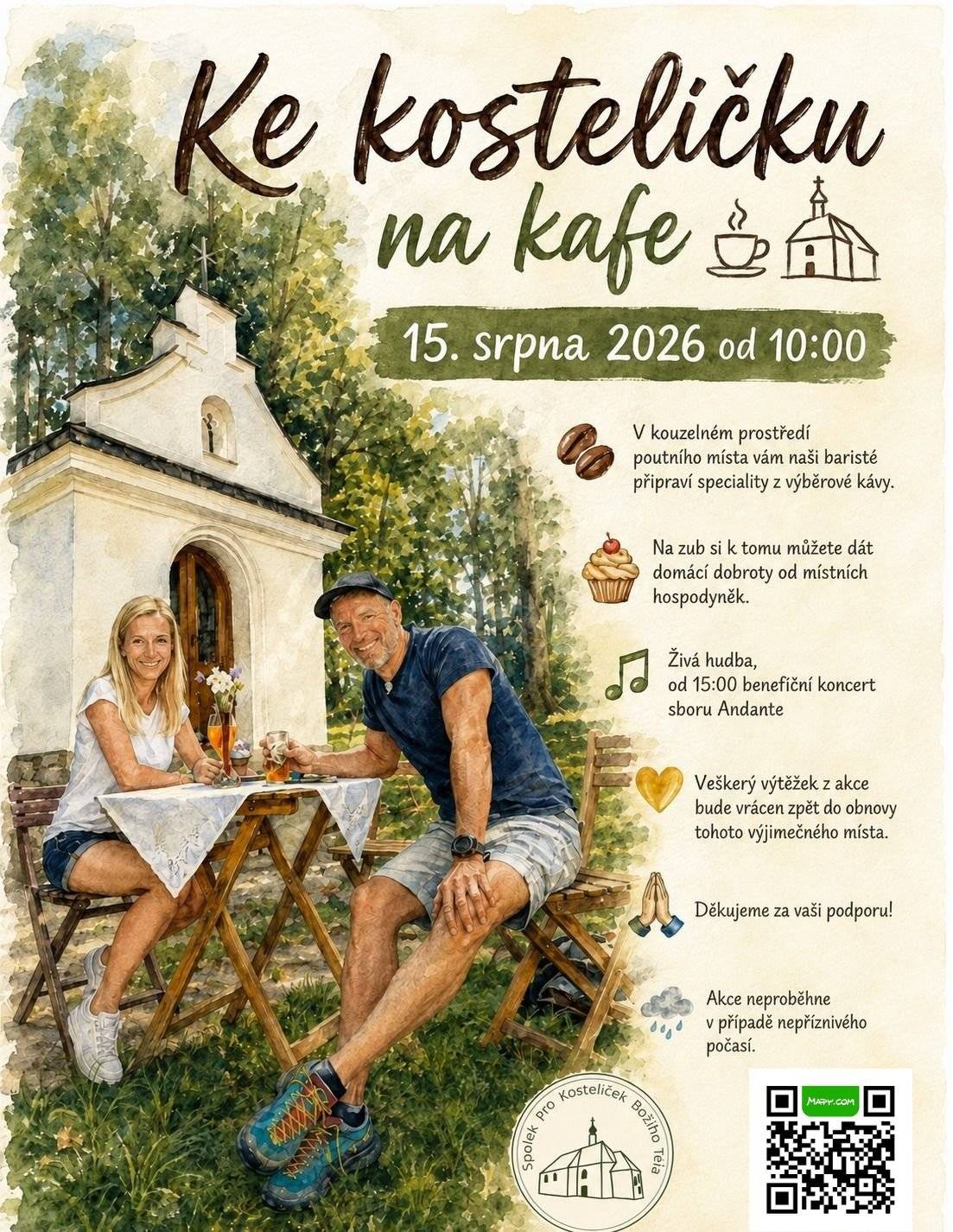 Spolek pro kostelíček Božího Těla  zve tuto sobotu 15. srpna od 10 do 17 hodin  do poutního areálu na třetí ročník akce Ke kostelíčku na kafe Baristé zde připraví speciality z výběrové kávy, na místě bude také řemeslné pivo, domácí limonády a další občerstvení     Spolek pro Kostelíček Božího Těla, z. s. www.prokostelicek.cz