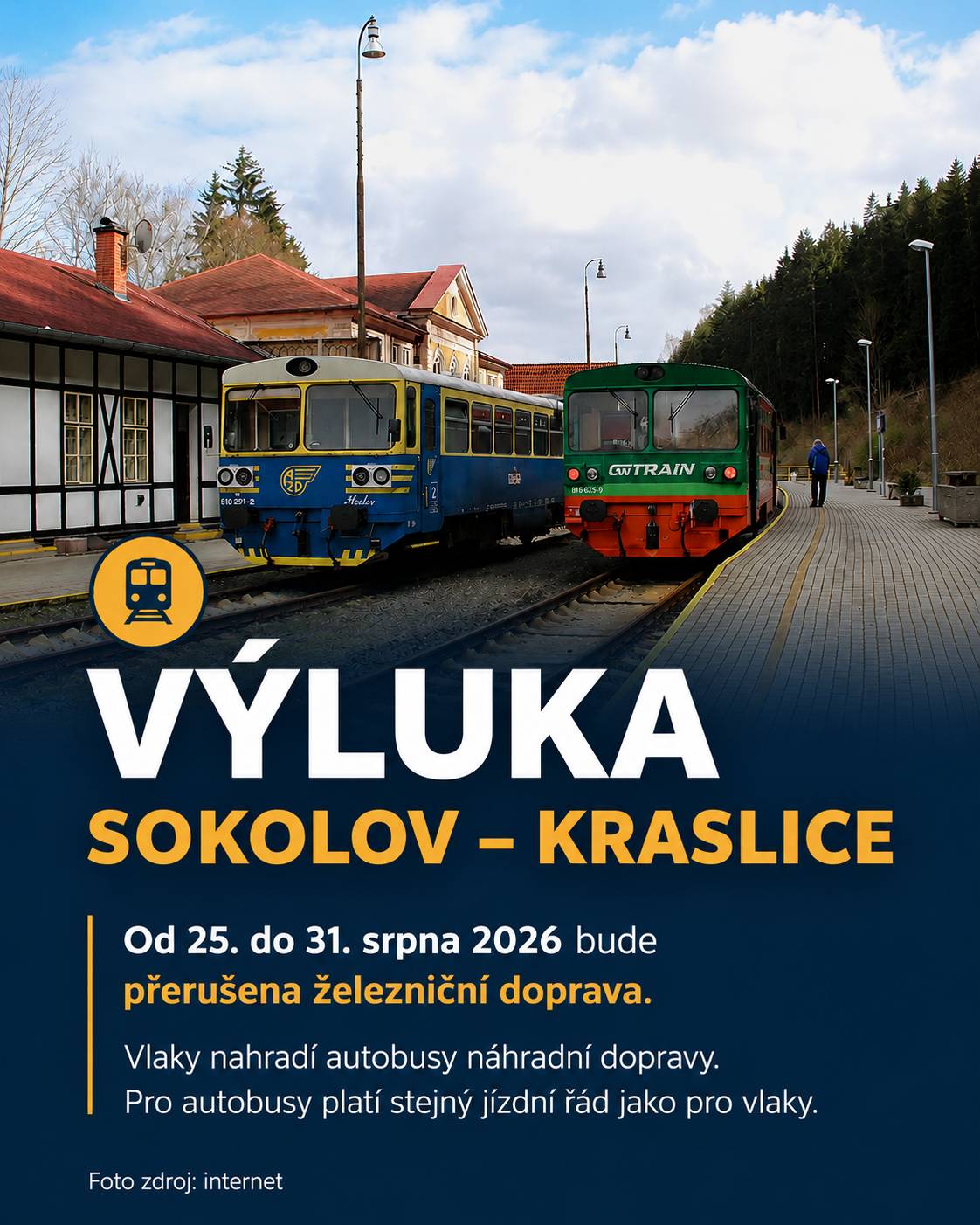 Od 25. 8. od 6:30 do 31. 8. 2026 do 20:30 bude železniční doprava mezi Sokolovem a Kraslicemi nahrazena autobusy NAD. ⚠️ 27. a 28. 8. bude uzavřen přejezd v Oloví, což ovlivní obsluhu některých zastávek. 📞 Aktuální informace o zpoždění a NAD: 720 864 146 📞 Organizace dopravy: 352 324 231 Podrobnosti naleznete na stránkách města Kraslice: https://www.kraslice.cz/cs/aktuality/nepretrzita-vyluka-na-zeleznicni-trati-sokolovkraslice-3042cs.html
