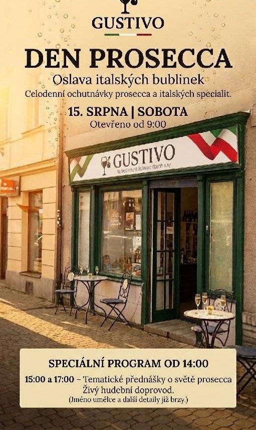DEN PROSECCA na Komenského náměstí     V sobotu 15. srpna se můžete těšit na DEN PROSECCA na Komenského náměstí . Od 14 hodin bude připraven bohatý program pro děti i dospělé - přednášky o proseccu, ochutnávky 10 - 12 druhů, kvízy a hry, hudební doprovod atd. Už teď si tuto akci poznačte do kalendáře a těšte se na letní osvěžení pod lípami.