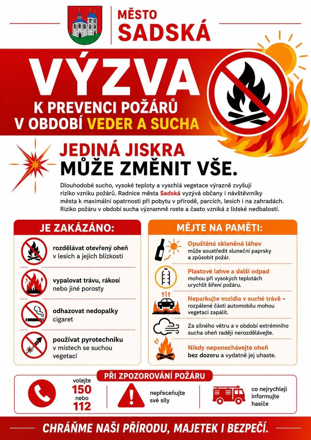 Znovu upozorňujeme, že vzhledem k nadále panujícímu suchu stále platí zákaz rozdělávání ohňů v přírodě. To se vztahuje mimo jiné i na grilování u Jezera, odhazování nedopalků cigaret i prázdných lahví v lese nebo podél polních cest a také parkování na suché trávě. Při nedodržení zákazu se můžete vystavit riziku udělení citelné pokuty. Naléhavě vás žádáme o dodržování tohoto zákazu a předcházení vzniku požáru! Děkujeme!