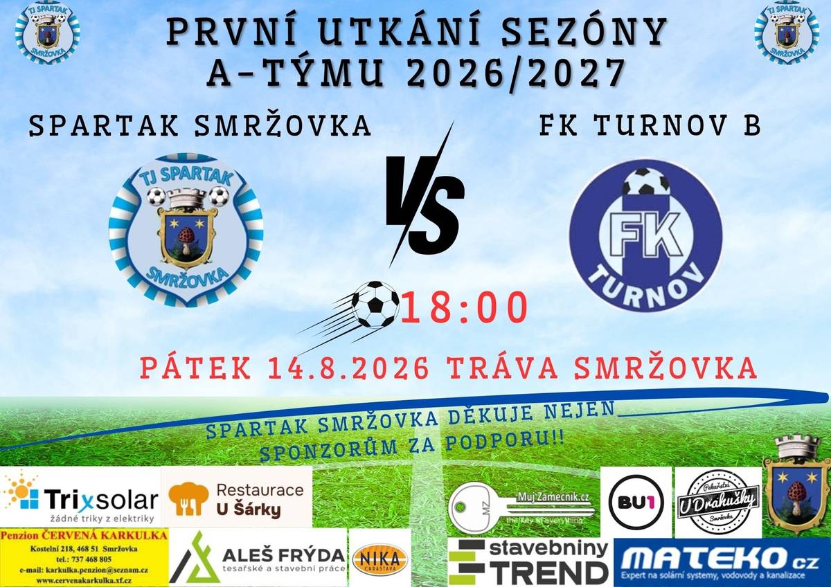 Fotbalové fanoušky zveme v pátek 14. 8. od 18.00 hodin na první utkání sezóny 2026/2027 mezi TJ Spartak Smržovka a FK Turnov B na hřišti ve Sportovní ulici.