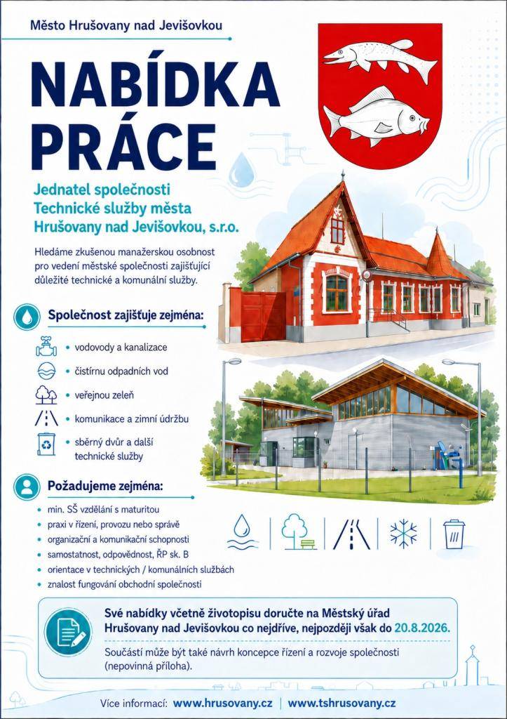 Město Hrušovany nad Jevišovkou nabízí práci na pozici jednatel Technických služeb města Hrušovany nad Jevišovkou.