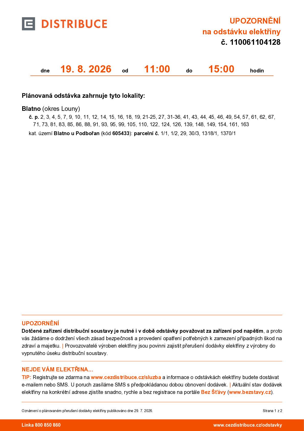 Upozornění na odstávku elektřiny v obci Blatno dne 19. 8. 2026 od 11:00 do 15:00 hodin (viz příloha)