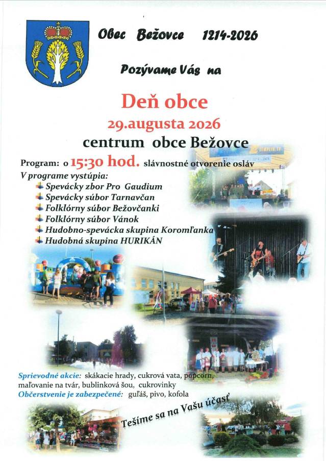 Srdečne Vás pozývame na Deň obce dňa 29.8.2026 spolu strávime príjemný deň so zaujímavým programom a atrakciami.