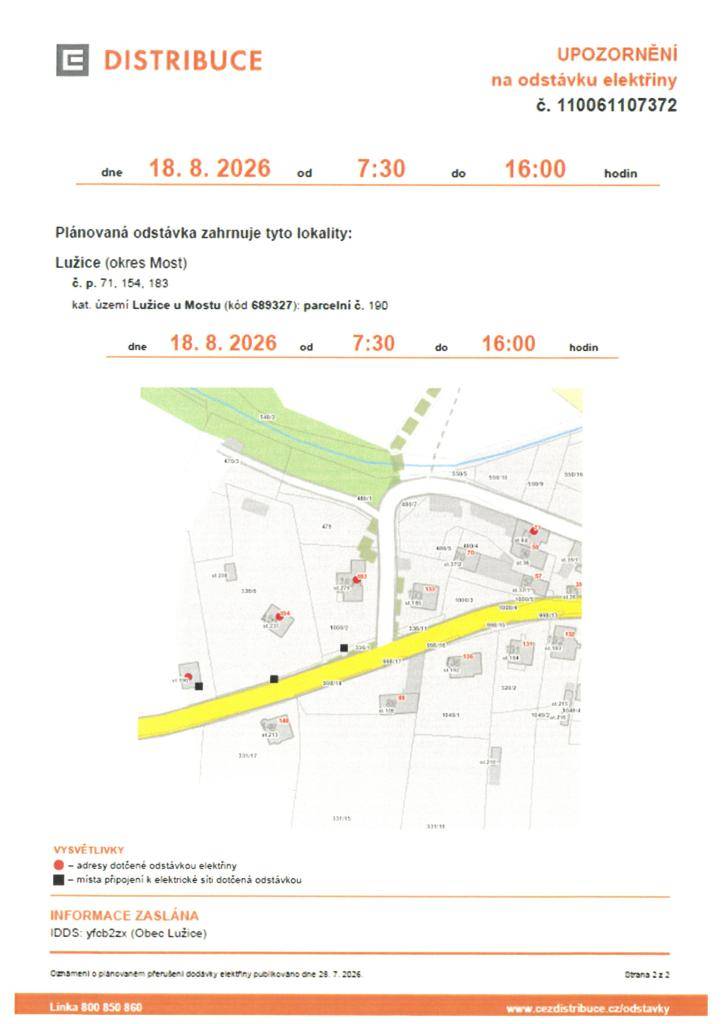 V v úterý 18. 8. 2026 proběhne plánovaná odstávka elektrické energie v době od 7:30 do 16:00 hodin.
