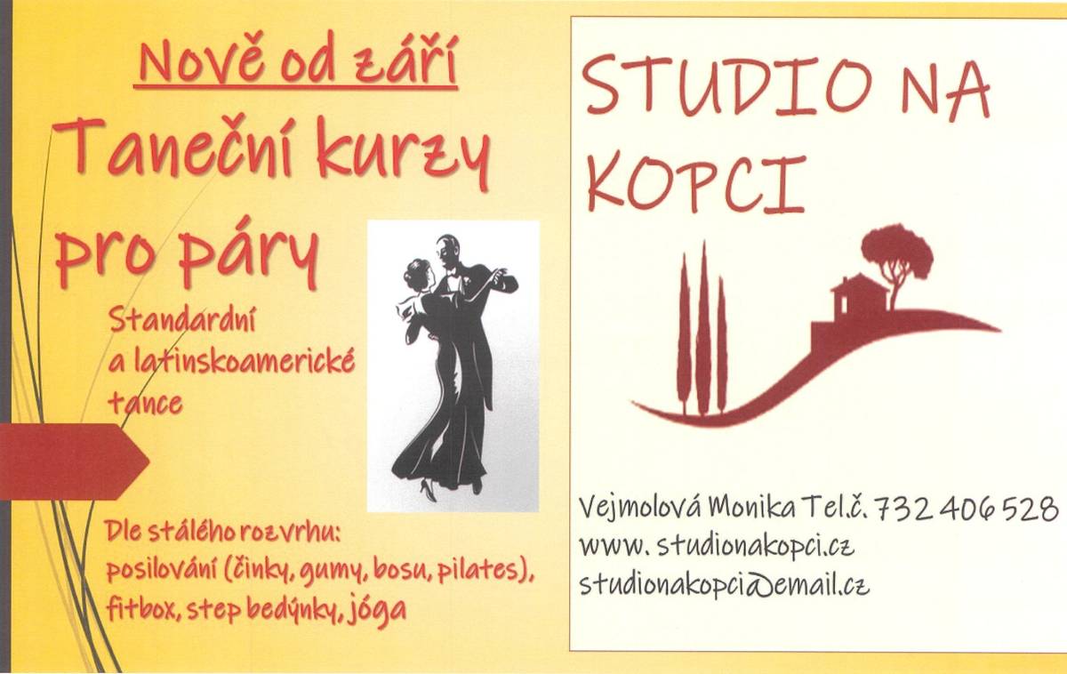 Studio na kopci v Alojzově pořádá od září 2026 taneční kurzy pro páry - standardní a latinskoamerické tance. Více na www.studionakopci.cz