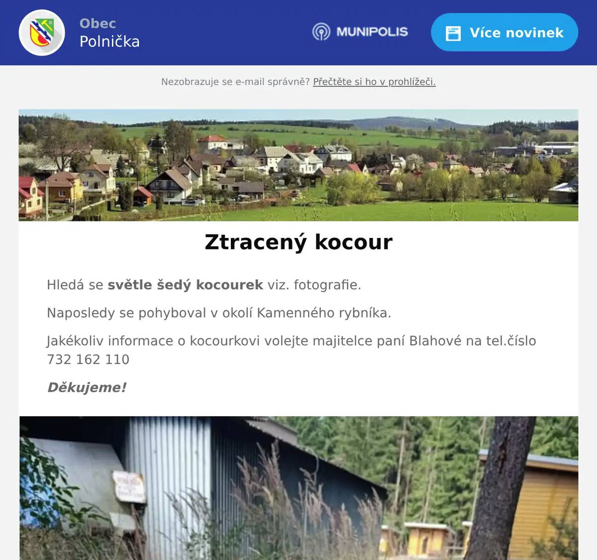 Hledá se světle šedý kocourek viz. fotografie. Naposledy se pohyboval v okolí Kamenného rybníka. Jakékoliv informace o kocourkovi volejte majitelce paní Blahové na tel.číslo 732 162 110 Děkujeme!