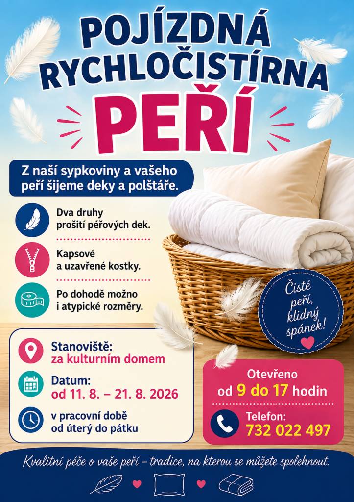 Máte doma staré peří, které by si zasloužilo nový život? Přivezte ho do pojízdné rychločistírny peří!  Z vaší sypkoviny a vašeho peří vám ušijeme nové, krásné a voňavé deky a polštáře.