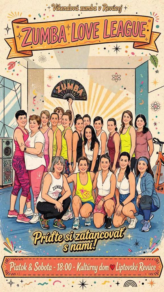 ZUMBA v Liptovskej Revúcej  20. a 21. 07. 2026 (štvrtok s piatok)  o 18:00 hod v sále KD Stredná Revúca 386