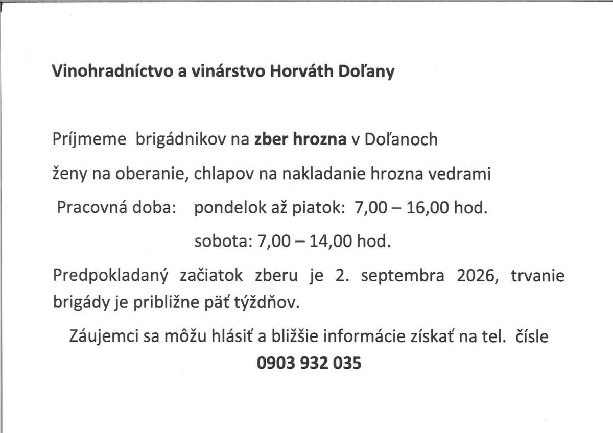 Vinohradníctvo a vinárstvo Horváth Doľany príjme brigádnikov na zber hrozna v Doľanoch. Bližšie informácie na telefónnom čísle 0903 932 035.