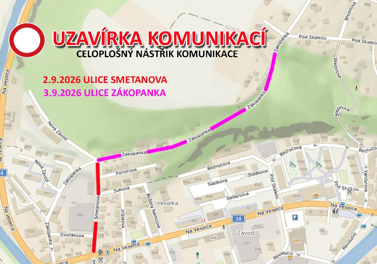 Vážení občané, upozorňujeme na plánované práce na komunikacích v Úpici. 📍 2. září 2026 proběhne celoplošný nástřik komunikace v ulici Smetanova. 📍 3. září 2026 proběhne celoplošný nástřik komunikace v ulici Zákopanka. Prosíme řidiče i ostatní obyvatele o zvýšenou pozornost a respektování dopravního značení. Uzavírka potrvá vždy do následujícího dne. Děkujeme za pochopení a trpělivost při provádění prací.
