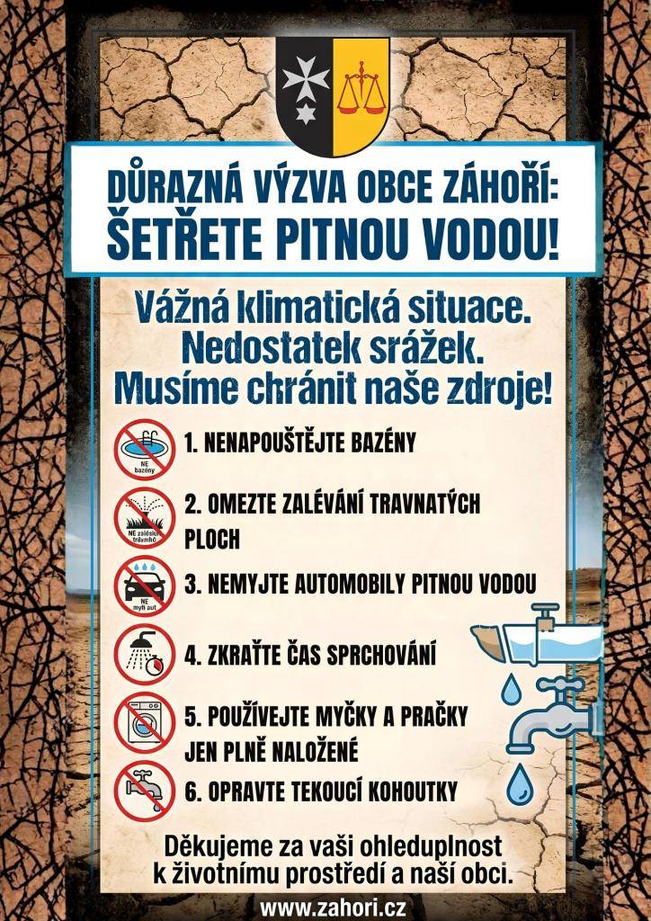 Obec Záhoří vyhlašuje důraznou výzvu k šetření pitnou vodou.