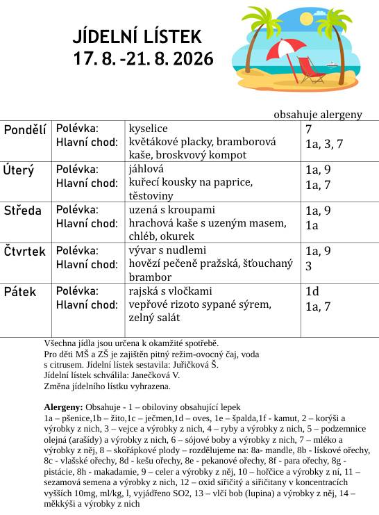 Jídelní lístek 17.8. - 21.8.2026