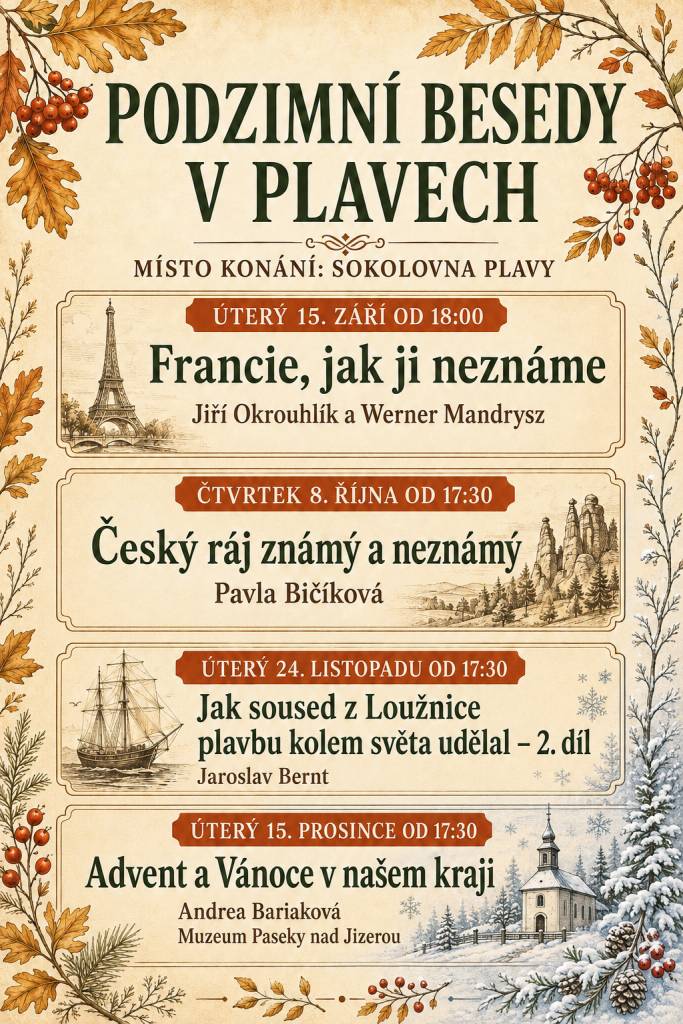 Zveme vás na sérii zajímavých podzimních a zimních besed, které se uskuteční v sokolovně Plavy. Čeká nás cestování po Francii i Českém ráji, dobrodružná plavba kolem světa a předvánoční povídání o tradicích našeho kraje.