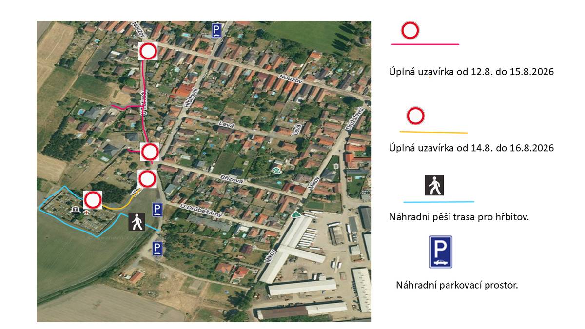 Z důvodu uvolněného termínu stroje pro pokládku finálního povrchu, bude od středy 12.8.2026 do soboty 15.8.2026 plně uzavřena ulice U Trativodu. Ze stejného důvodu bude od pátku 14.8.2026 do neděle 16.8.2026 plně uzavřena příjezdová cesta ke hřbitovu. V průběhu úplné uzavírky, budou komunikace přístupné pouze pro složky IZS. Děkujeme za pochopení a trpělivost.