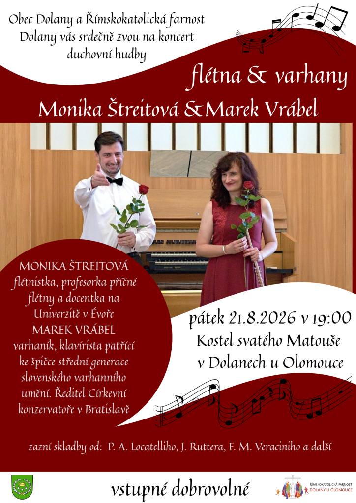 Dolany vás srdečně zvou na koncert duchovní hudby, který se koná v pátek 21. srpna 2026 v kostele svatého Matouše.