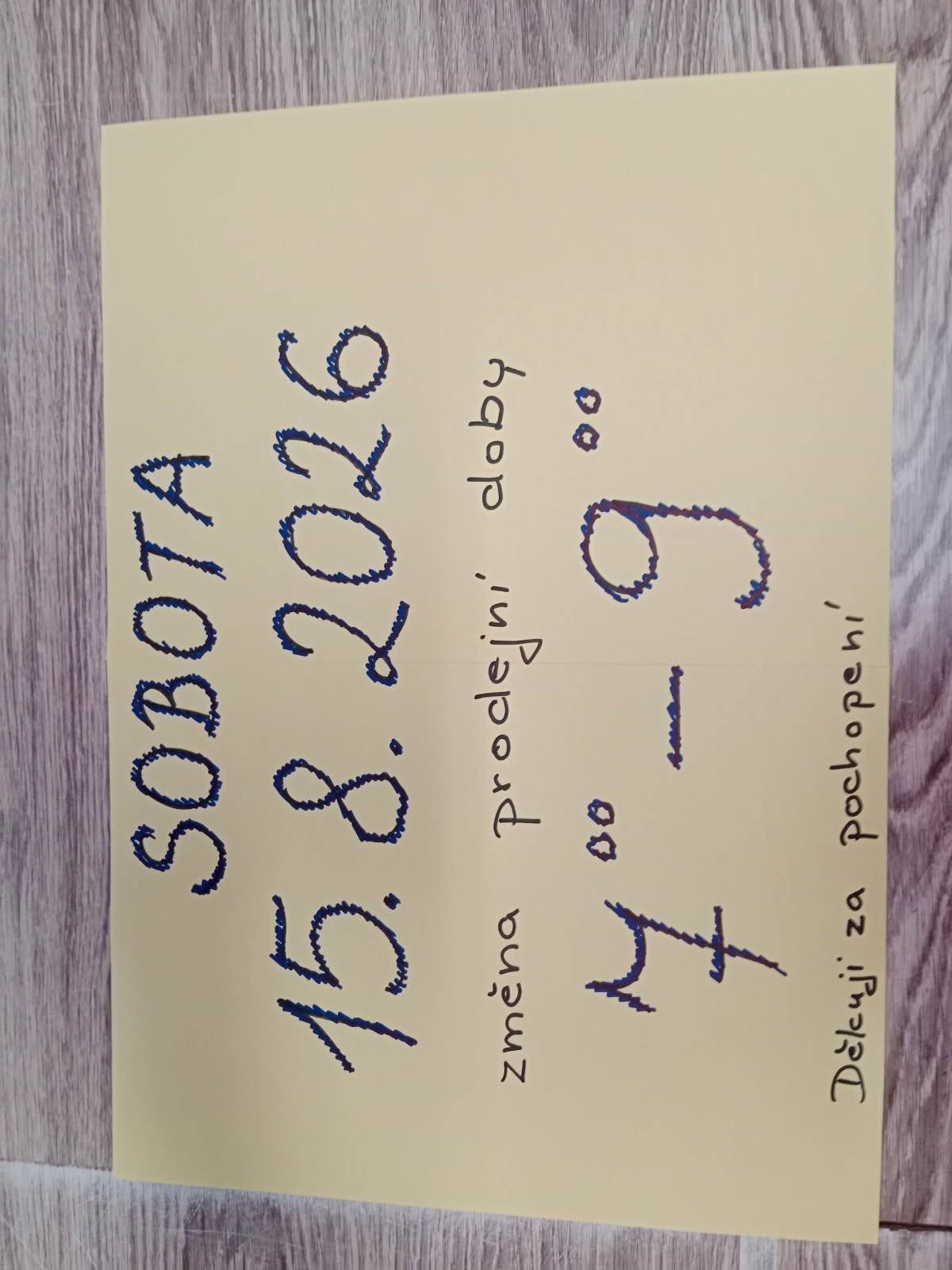 Prodejna COOP oznamuje upravu oteviraci doby v sobotu 15.8.2026 a to 7:00 az 9:00.