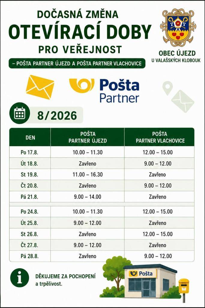 Od 17. do 28. srpna 2026 dojde k dočasné změně otevírací doby pošty v obci Újezd u Valašských Klobouk.