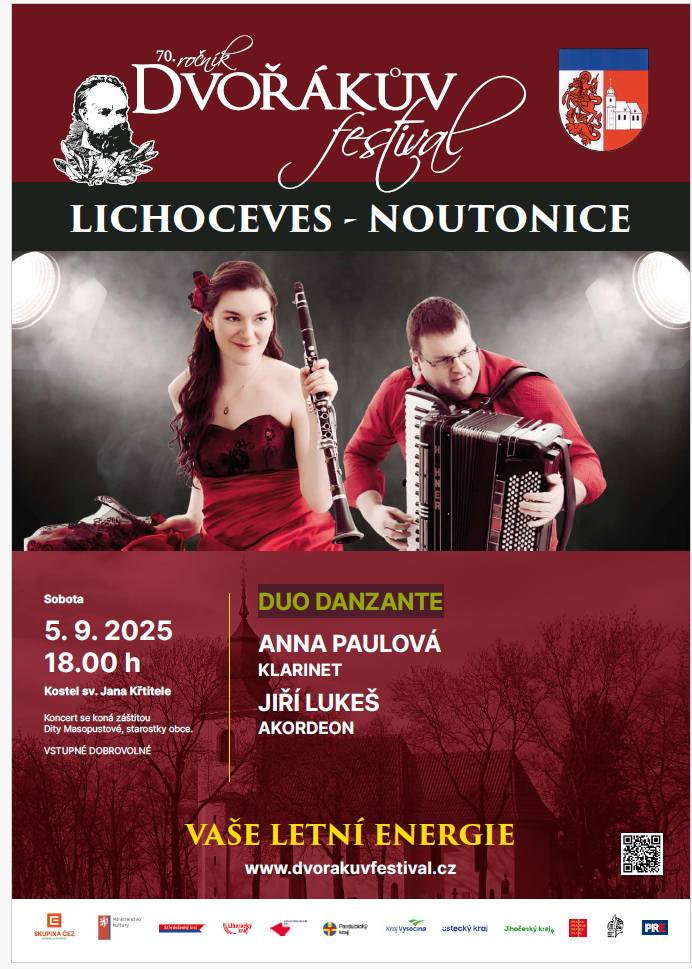 Letošní letní koncert v rámci 70. ročníku Dvořákova festivalu, bude mít zvláštní účel. V sobotu 5. září 2026 se uskuteční další z nezapomenutelných koncertů v našem kostele v Noutonicích. Tentokrát duo DANZANTE: Anna PAULOVÁ - klarinet, Jiří LUKEŠ - akordeon.