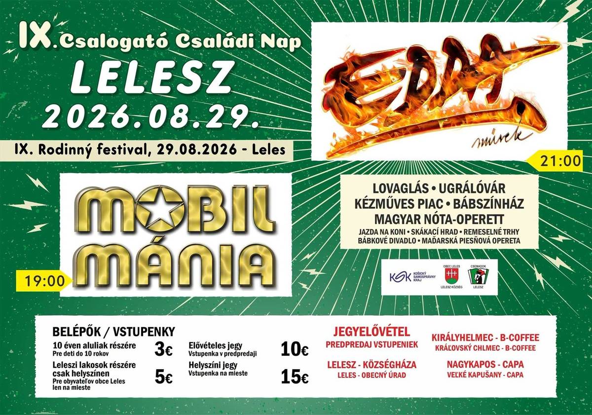 JÓ BARÁTOK, EGY NAGY KÖR… ÉS EGY ESTE, AMIKOR LELESZ ROCKRA VÁLT!   IX. CSALOGATÓ CSALÁDI NAP 2026. AUGUSZTUS 29. Leleszi Általános Iskola udvara   Van, amikor nem kell más, csak egy Kör, amelyben jó barátok vesznek körül… Egy este, amikor előkerülnek a régi Álmok, felébred bennünk a Hűtlen, és talán még azt is érezzük majd, hogy Elhagyom a várost – mert aznap este minden út LELESZRE vezet!   És amikor felgyúlnak a színpad fényei…   EDDA MŰVEK MOBILMÁNIA   …onnantól nincs megállás!   Lesznek dalok, amelyeket már az első hangból felismerünk. Lesznek refrének, amelyeket több generáció énekel majd együtt. És lesz egy hatalmas közönség, ahol idegenekből néhány órára jó barátok lesznek.   Állj be Te is a KÖRBE! Hozd a családot, hívd a barátokat, és találkozzunk augusztus 29-én!   IX. CSALOGATÓ CSALÁDI NAP – LELESZ Egy este. Egy KÖR. Jó barátok. És az EDDA MŰVEK!