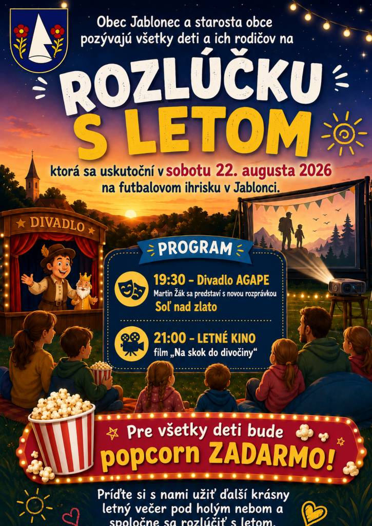 Obec Jablonec a starosta obce pozývajú všetky deti a ich rodičov na ROZLÚČKU S LETOM, ktorá sa uskutoční v sobotu 22. augusta 2026 na futbalovom ihrisku v Jablonci. 19:30 – Divadlo AGAPE Martin Žák sa predstaví s novou rozprávkou „Soľ nad zlato“ 21:00 – LETNÉ KINO film „Na skok do divočiny“.