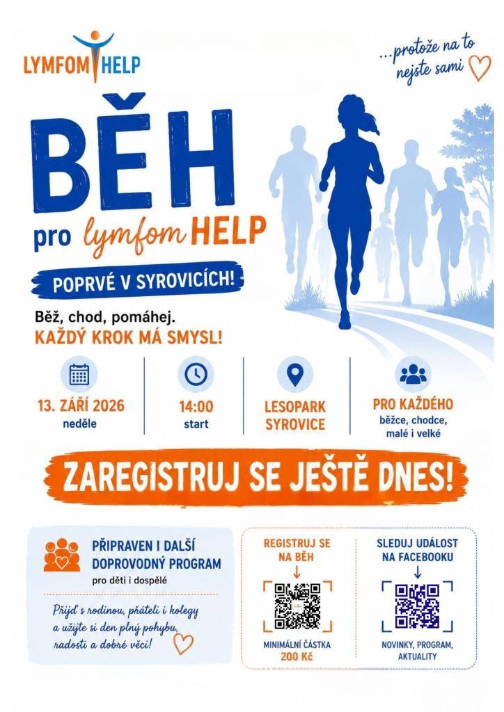 Běh pro lymfom HELP - poprvé v Syrovicích - 13. září 2026, start ve 14:00 hod. u lesoparku v Syrovicích.