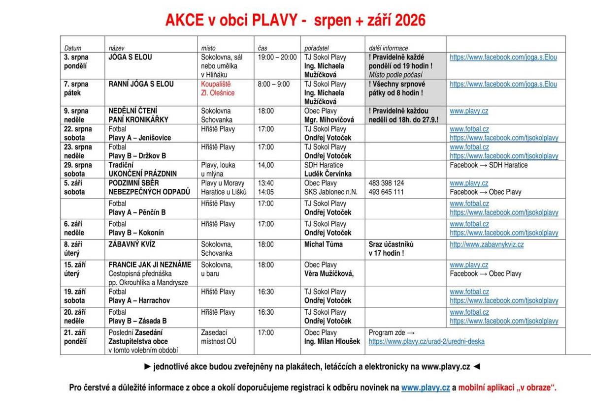 Také v průběhu srpna a září 2026 nás v Plavech čeká pestrý program. Těšit se můžete na pravidelné lekce jógy, nedělní čtení paní kronikářky, fotbalová utkání, tradiční ukončení prázdnin, zábavný kvíz i cestopisnou přednášku Francie, jak ji neznáme.