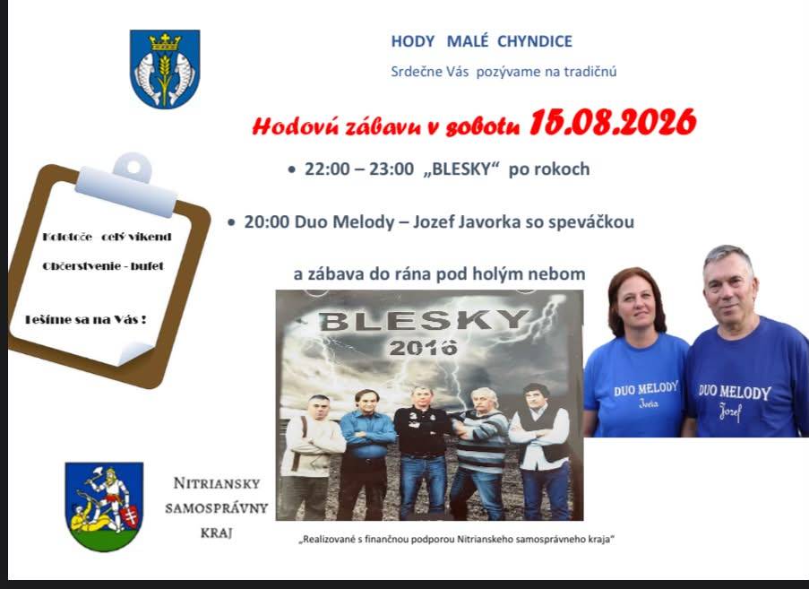 Srdečne Vás pozývame na hodovú zábavu  v sobotu 15.08.2026 - vstup voľný!