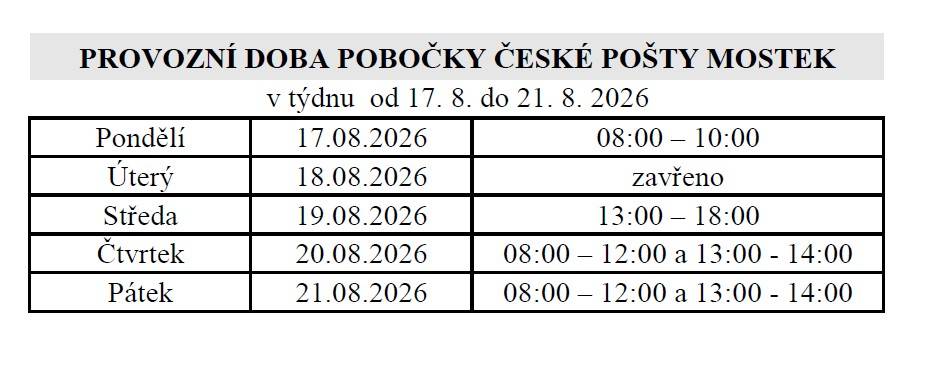 Pobočka České pošty v Mostku oznamuje, že bude z technických důvodů v týdnu od 17. 8. do 21. 8. 2026 dočasná změna provozní doby.