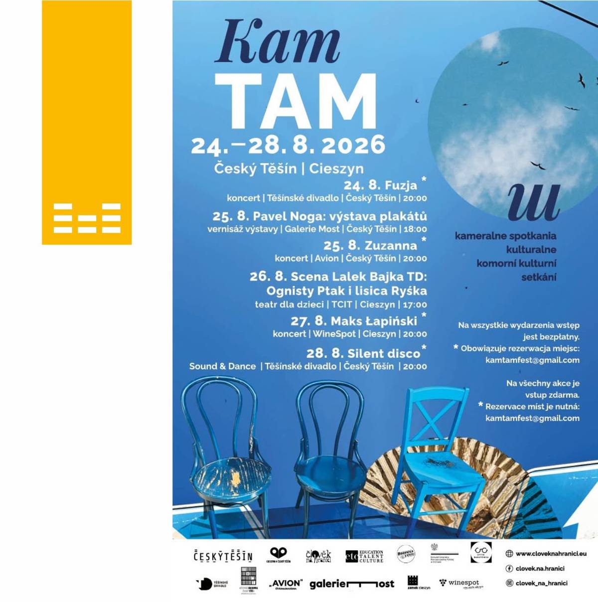 🎭🎶 Již brzy startují oblíbená komorní kulturní setkání, která přinesou do obou Těšínů koncertní zážitky, divadlo, výstavy i tanec. Jsme rádi, že můžeme být jako město u toho a tento krásný sousedský projekt podpořit. 💛 👉 Na co se můžete těšit? Festival odstartuje koncertem FUZJA přímo na střešní terase Těšínského divadla! Dále vás čeká koncert v Čítárně a kavárně Avion, výstava v galerii Most, divadelní představení loutkové scény Těšínského divadla Bajka a další akce, a to na zajímavých místech v obou Těšínech.  🎟️ Vstup na všechny akce je ZDARMA!  (Pozor: Na některé vybrané akce je z kapacitních důvodů nutná rezervace předem na e-mailu: kamtamfest@gmail.com) Pořádají spolky Člověk na hranici a ETC.  🤗 Přijďte si užít sousedskou kulturu bez hranic!