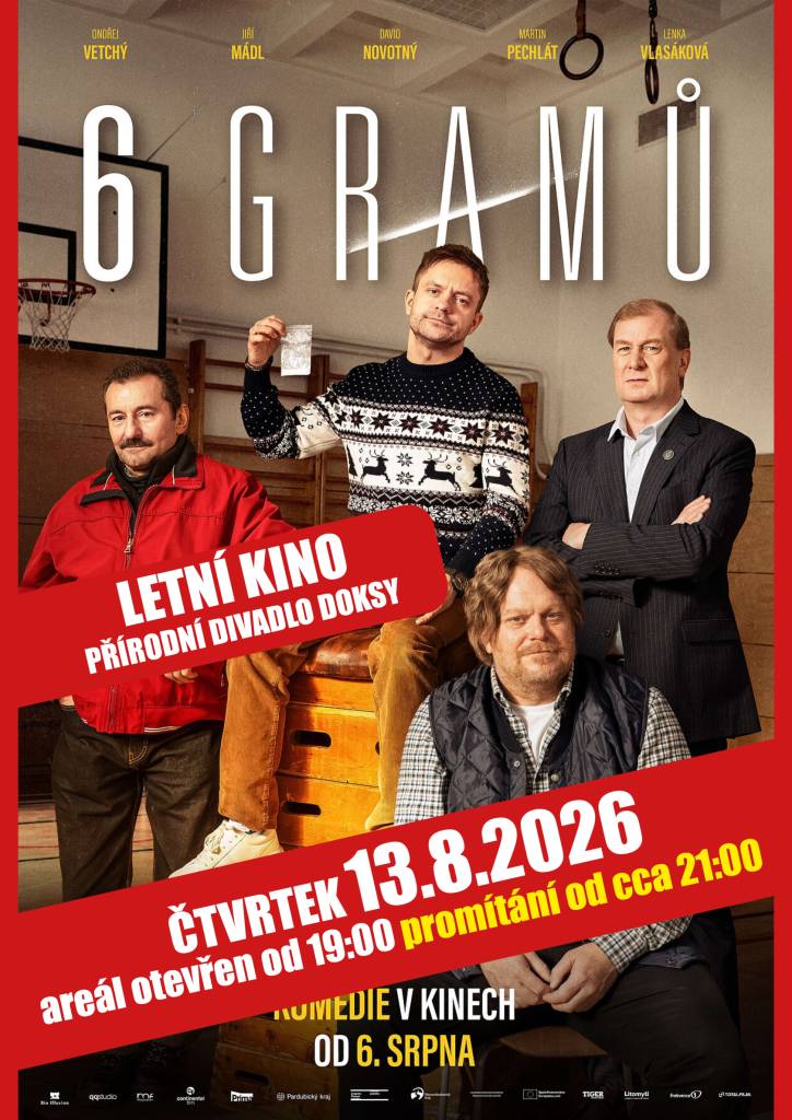 Letní kino v Přírodním divadle  Film 6 gramů  Vstupné 120 Kč / senioři 100 Kč  Areál otevřen od 19:00  Promítání po setmění cca od 21:00
